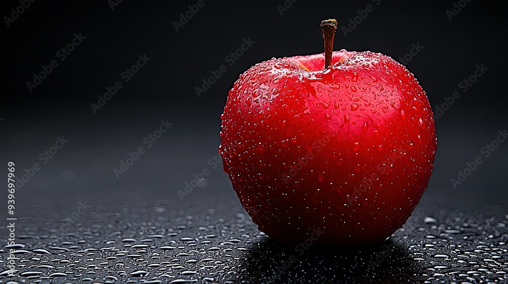 Wall mural black background with a red apple sitting on a black surface, covered in droplets of water