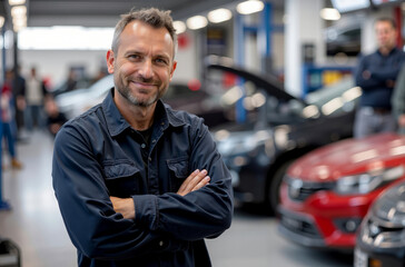 A man standing in front of a car in a garage