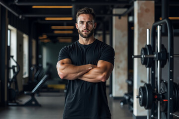 A man standing in a gym with his arms crossed