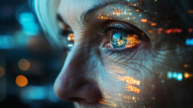 A woman's face is shown with a cityscape in the background