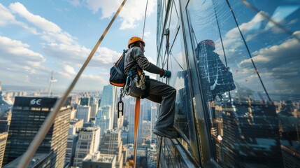 window cleaner working on a glass facade modern skyscraper