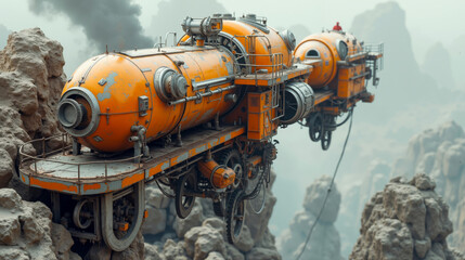 A man standing on top of a train on a rocky mountain