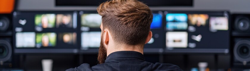 Obraz premium A person is focused on multiple screens, showcasing a modern workspace with a blend of technology and creativity.