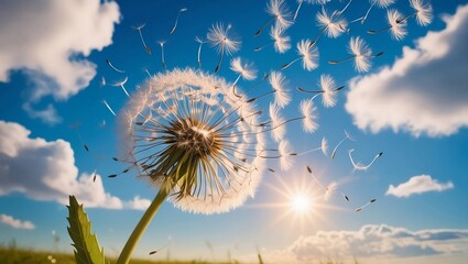 Naklejka premium Ultra Realistic Dandelion Flower with Floating Seeds.