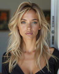 Fototapeta premium A woman with long blonde hair is posing for a picture