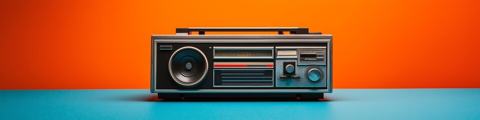 Fototapeta premium A vintage radio sits on a table in front of a bright orange background. The radio is old and has a classic design, giving it a nostalgic feel. The orange background adds a pop of color