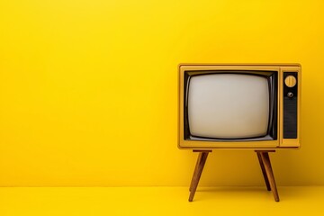 A yellow wall with a television on a stand