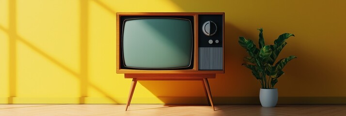 A television is turned off and is sitting on a wooden stand in front of a yellow wall. The television is turned off, but the room is bright and sunny