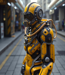 A man in a yellow and black suit standing on a city street