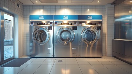 Self-service commercial laundry and drying machine in a bright, clean public room.
