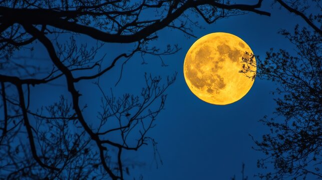 Full moon rising over tree branches