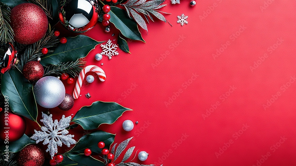 Wall mural  Christmas decorations on a red background with holly berries and candy canes