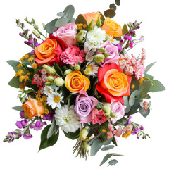 A vibrant bouquet of pink, orange, and purple roses, daisies, and other flowers, arranged in a beautiful display.