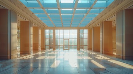 Modern architectural space with large glass windows and sunlit reflections on the polished marble floor, featuring a grid-patterned translucent ceiling