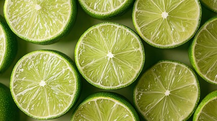   A cluster of limes arranged on a white countertop beside one another