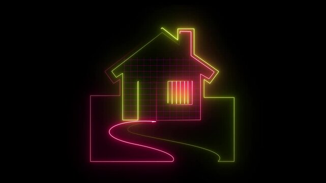 Neon home icon animation, home building animation.. social media communication concept, also used as bank logo