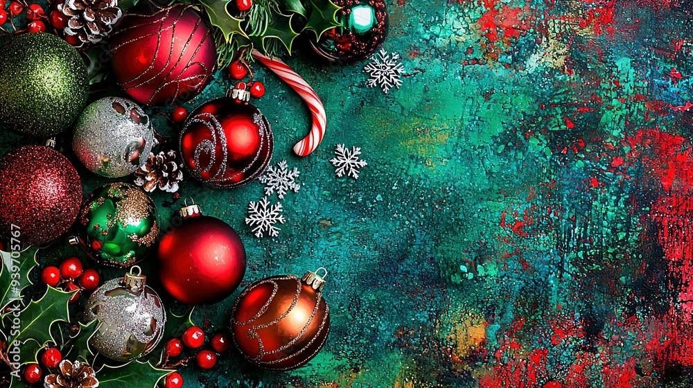 Sticker a festive painting featuring christmas ornaments against a backdrop of green, red, and blue, adorned