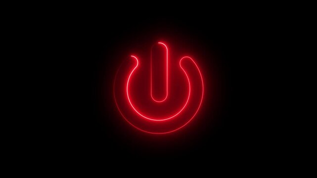  Red Neon power reset button sign animation on of black background.