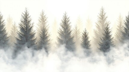 Obraz premium A dense forest of towering pine trees blanketed in snow, set against the backdrop of a hazy, all-white sky