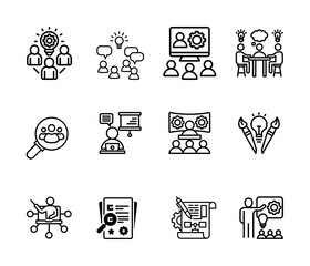 Workshop icon set. Containing team building, collaboration, teamwork, coaching, problem-solving and education icons