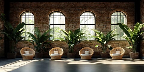 A beautifully lit interior space featuring arched windows with black frames, indoor plants, and wicker chairs arranged in a row against an exposed brick wall