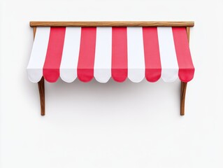 Red and white striped awning attached to a wall, providing shade and a classic storefront look. Ideal for cafes, shops, and market stalls.