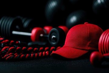 Red cap with gym equipment including dumbbells, ropes, and kettlebells on dark background, representing fitness and workout theme.