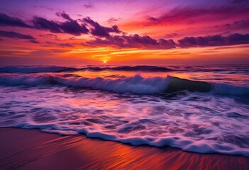 Obraz premium vibrant sunset over peaceful ocean waves rich colors serene atmosphere capturing beauty, beach, coastline, horizon, twilight, clouds, reflection, scenery