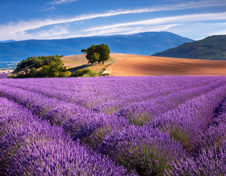 Paysage du sud de la France avec des lavandes et les montagnes dans le panorama