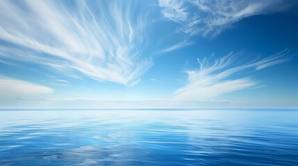 Obraz premium Serene Ocean Horizon with Wispy Clouds Under Clear Blue Sky