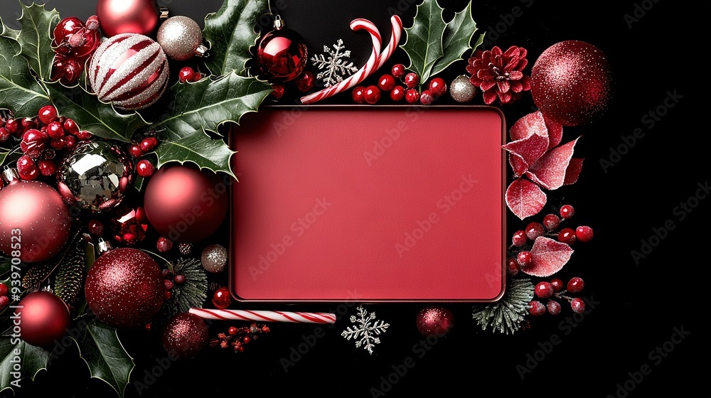 Sticker a red square frame adorned with christmas decorations, including baubles, is set against a black bac