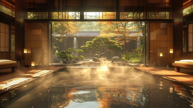 Serene indoor onsen with wooden interiors and a view of a Japanese garden.
