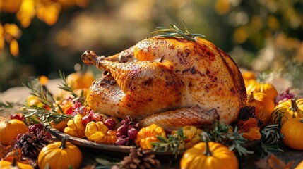 A beautifully roasted Thanksgiving turkey garnished with fresh herbs, surrounded by seasonal decorations and mini pumpkins, capturing the essence of a festive holiday feast