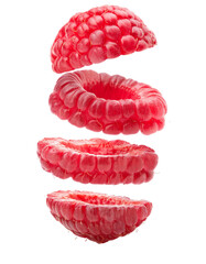 Slices of Raspberry Falling Isolated on White