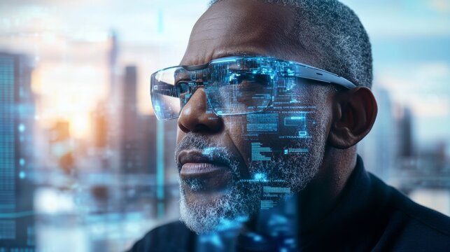 A man wearing glasses is looking at a cityscape with a blue tint