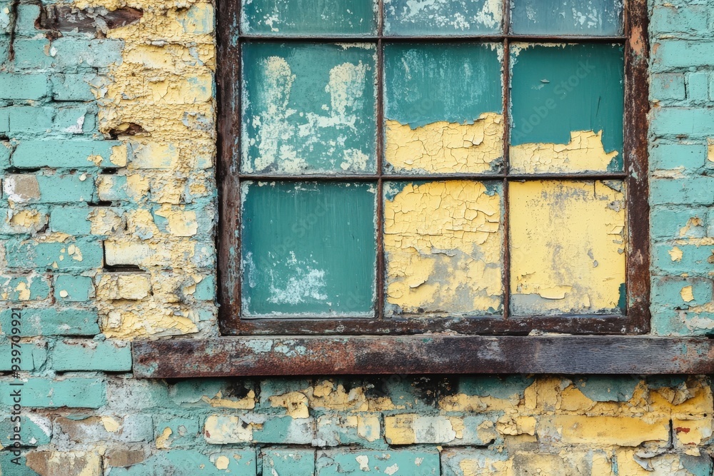 Wall mural A window with a green frame and yellow paint peeling off the wall, generative ai image