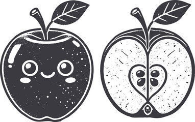 Grunge-Style Apple Smiling Fruit Character with Texture, Rough Hand-Drawn with Grainy Print Effect.