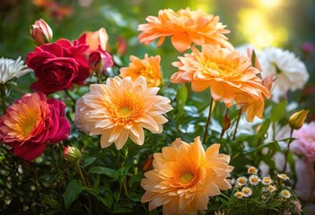 vibrant floral arrangements bathed soft sunlight creating warm inviting atmosphere, bouquet, blossom, petal, garden, colorful, nature, bright, decoration