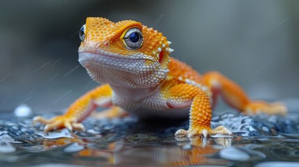 Obraz premium A vibrant orange-colored gecko with intricate scales and deep, penetrating eyes is seen standing on a wet surface, portraying an extraordinary and detailed close-up of its unique features