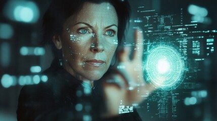 A woman is looking at a computer screen with a green circle