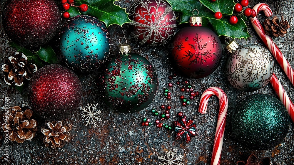 Sticker   A group of Christmas ornaments sit atop a table near candy canes and peppermints