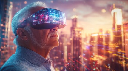 A man wearing a virtual reality headset is looking out over a city
