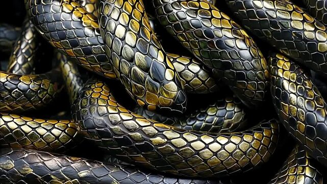 Close-up of a coiled snake with shiny, textured scales
