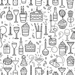 a simple line drawing with a brithday celebration themed coloring pages pattern for your little girl, balloons, cake, presents, candle, cocktail, lemonade, thin lines, wallpaper, monochrome simplicity