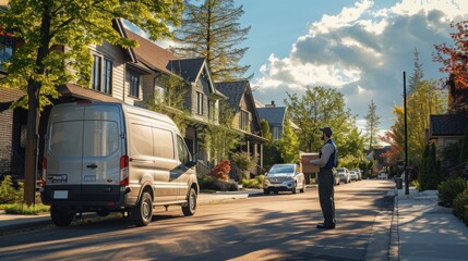 Obraz premium A delivery service worker holding a package next to a delivery van on a suburban street.