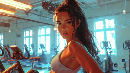 Young woman taking a full-body selfie in the gym, surrounded by exercise bikes and weight racks.