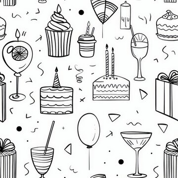 a simple line drawing with a brithday celebration themed coloring pages pattern for your little girl, balloons, cake, presents, candle, cocktail, lemonade, thin lines, wallpaper, monochrome simplicity