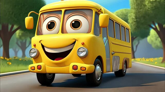 Cheerful animated school bus with a big smile, looking friendly and inviting
