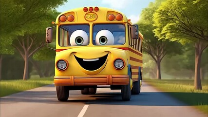 Animated school bus with a big smile, cheerful and friendly
