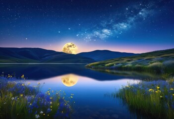stunning nighttime vistas featuring radiant moonlight over serene landscapes starry skies, scenery, stars, sky, illumination, nature, outdoors, view